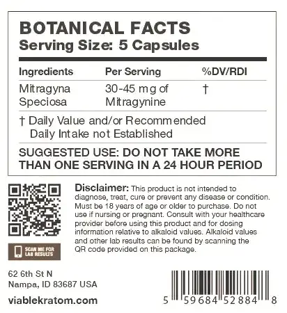 Kratom Botanical Facts panel for 5 capsules