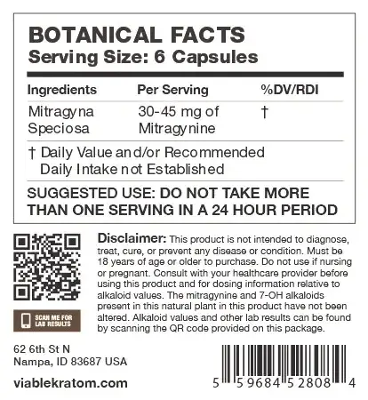 Kratom Botanical Facts panel for 6 capsules